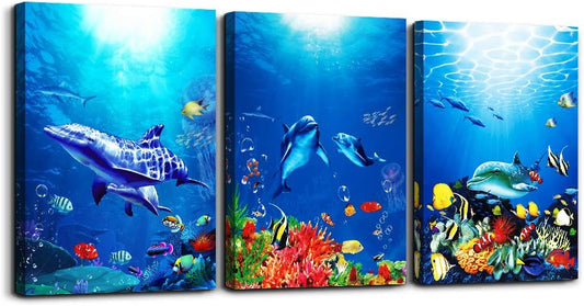 blue ocean fish 3 Pieces Framed Wall Art for Living Room Bathroom Wall Decoration Canvas Print Children's Bedroom Wall decor Office Kitchen Home Decoration Underwater World Watercolor Painting