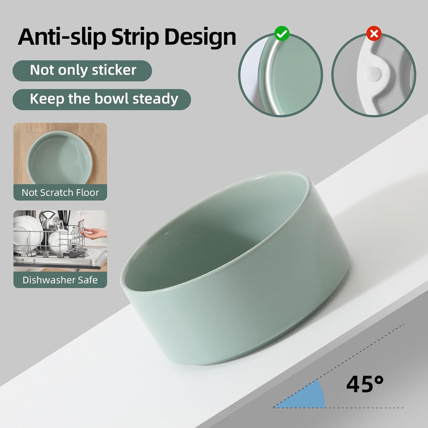 Ceramic 8.2inch Raised Dog Bowl with Stand for Large - Breed Dogs, Pet Food and Water Feeder(Single Bowl with Stand - Light Green)