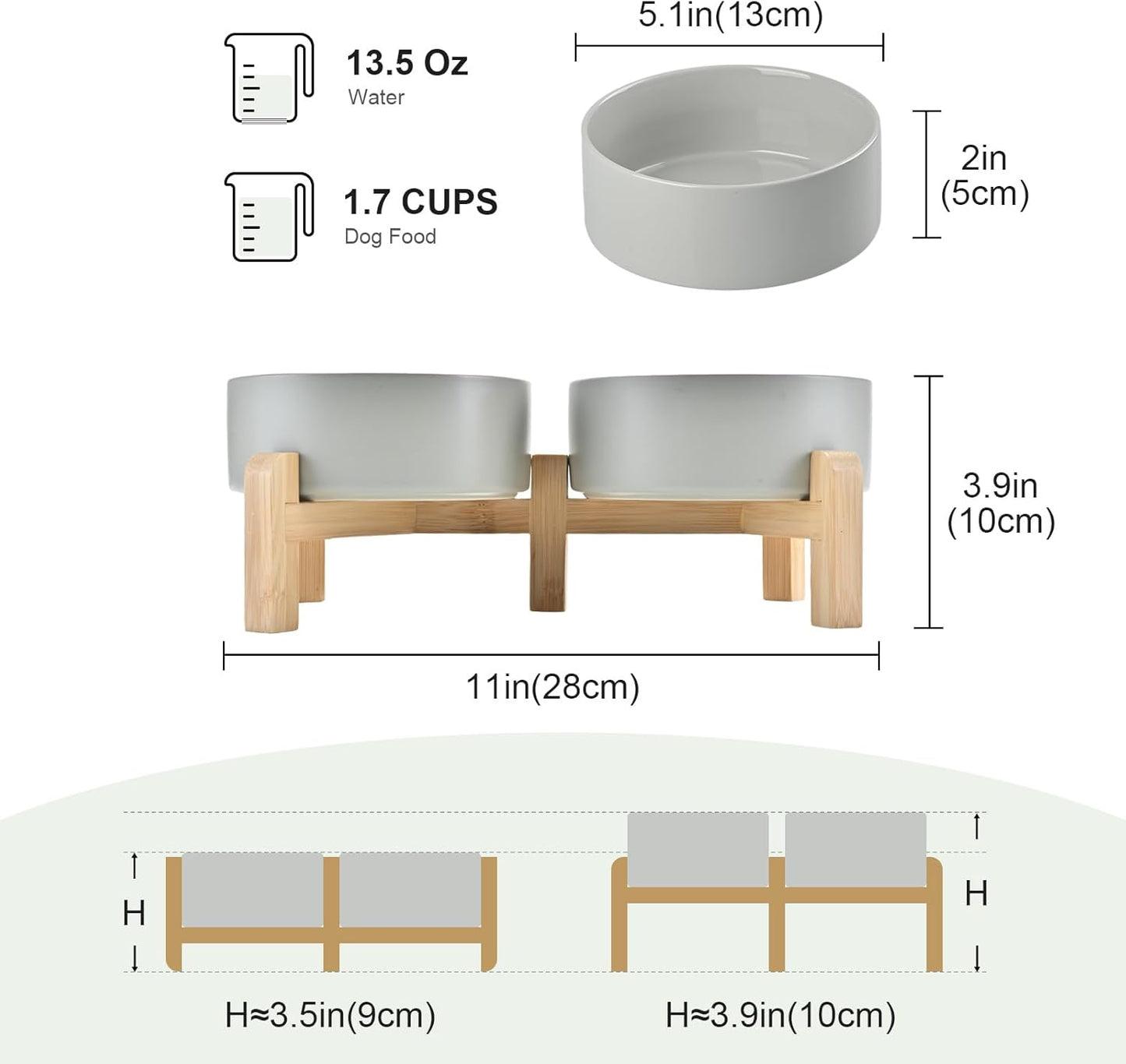 SPUNKYJUNKY Elevated Dog Bowls Ceramic, 5.1'' Dogs and Cat Food Water Bowls Raised with Non-Slip Bamboo Stand for Puppy Small Sized Breed Microwave Dishwasher Safe - 13.5 OZ,Grey