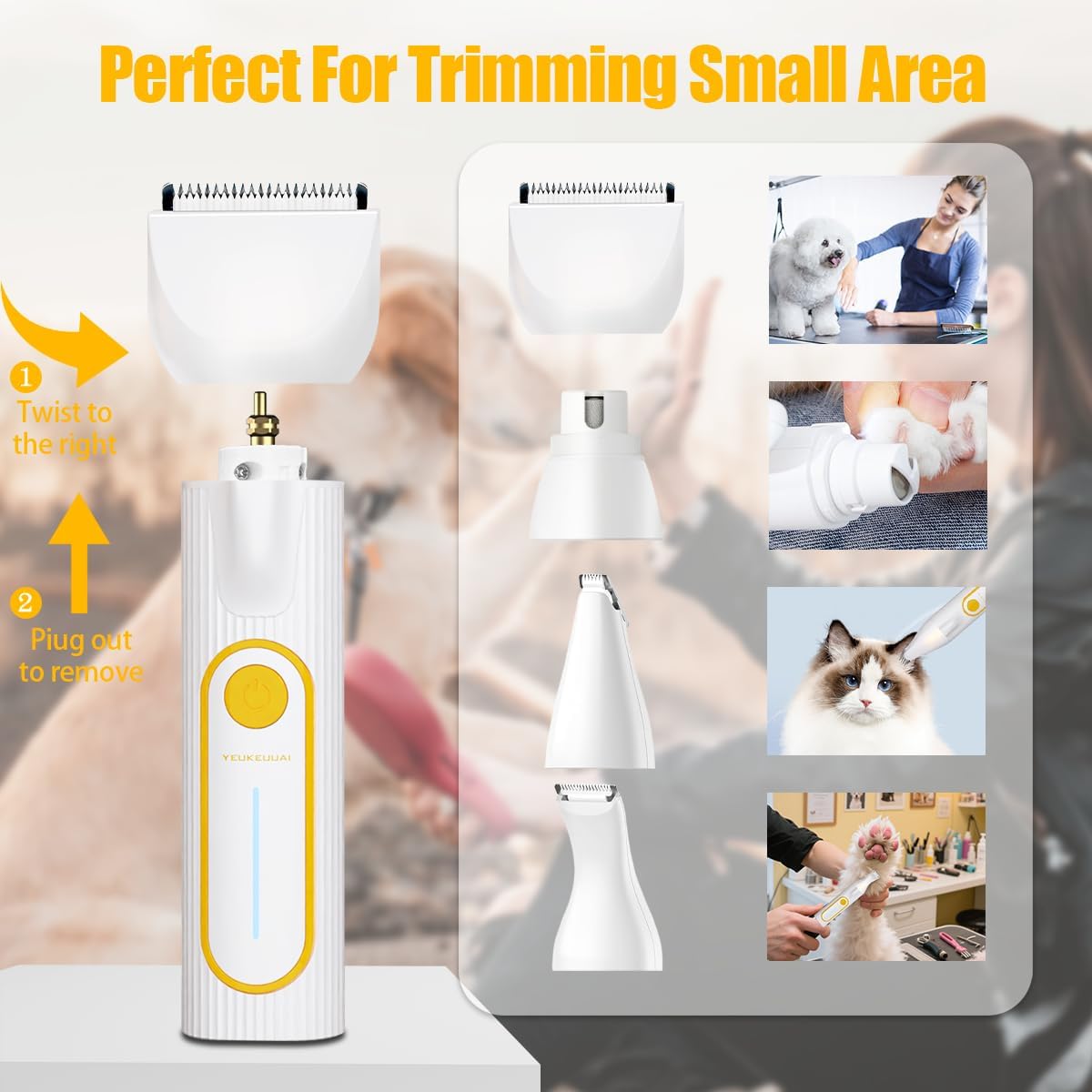 Dog Clippers Grooming Kit, 4-in-1 Electric Cordless Low-Noise Dog Paw Trimmer, Shave, Nail Trimmer and Nail Grinder Suitable for Small and Medium-Sized Pet (White)