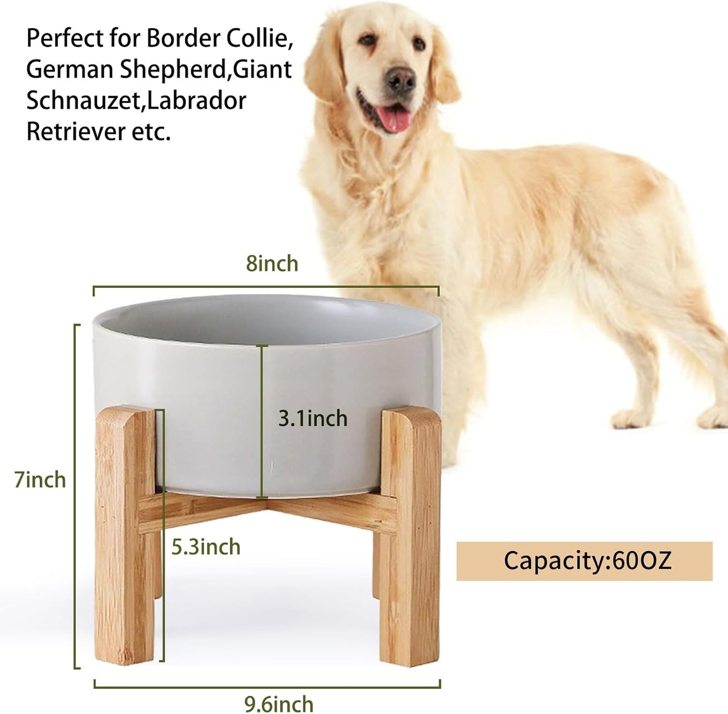 Petygooing Grey Elevated/Raised Ceramic Dog Bowl for Medium and Large Breeds, Dog Food Water Dish with Stand,Pet Feeding Bowl with Anti Slip Rubber Large Dogs(1800ml 7.6 Cups)