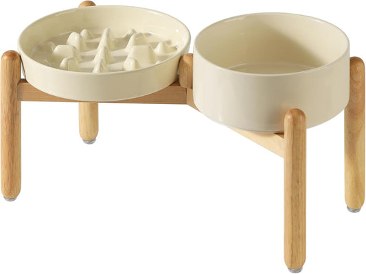 Ceramic Raised Slow Feeder Dog Bowl Set, Elevated 7.3inch Bowl and 8.2inch Slow Pet Food Dish with Wooden Stand for Medium and Large Dog (2 x Beige+ Stand)