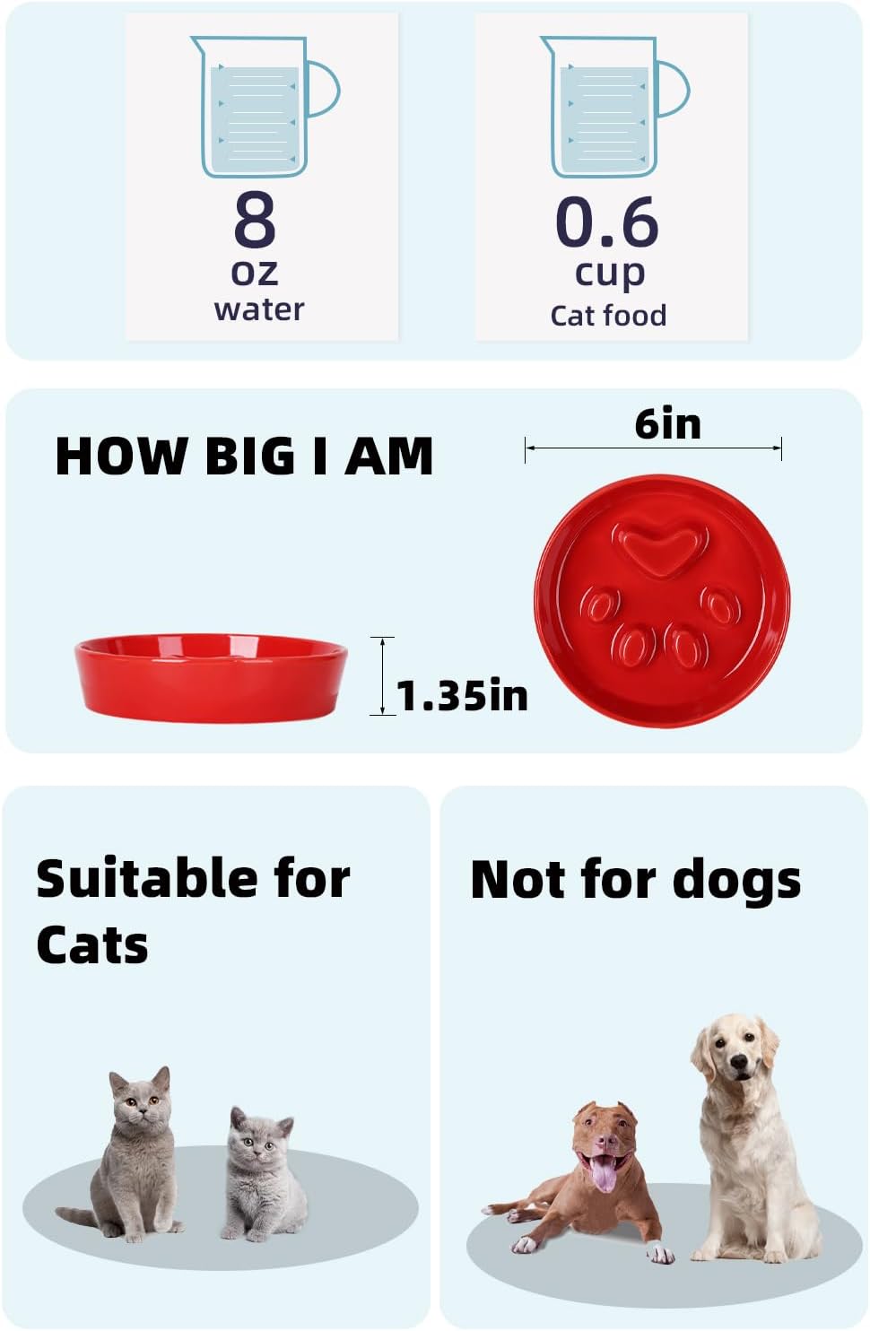 Slow Feeder Cat Bowls, Ceramic Fun Slow Eater Bowl for Cats (Red)