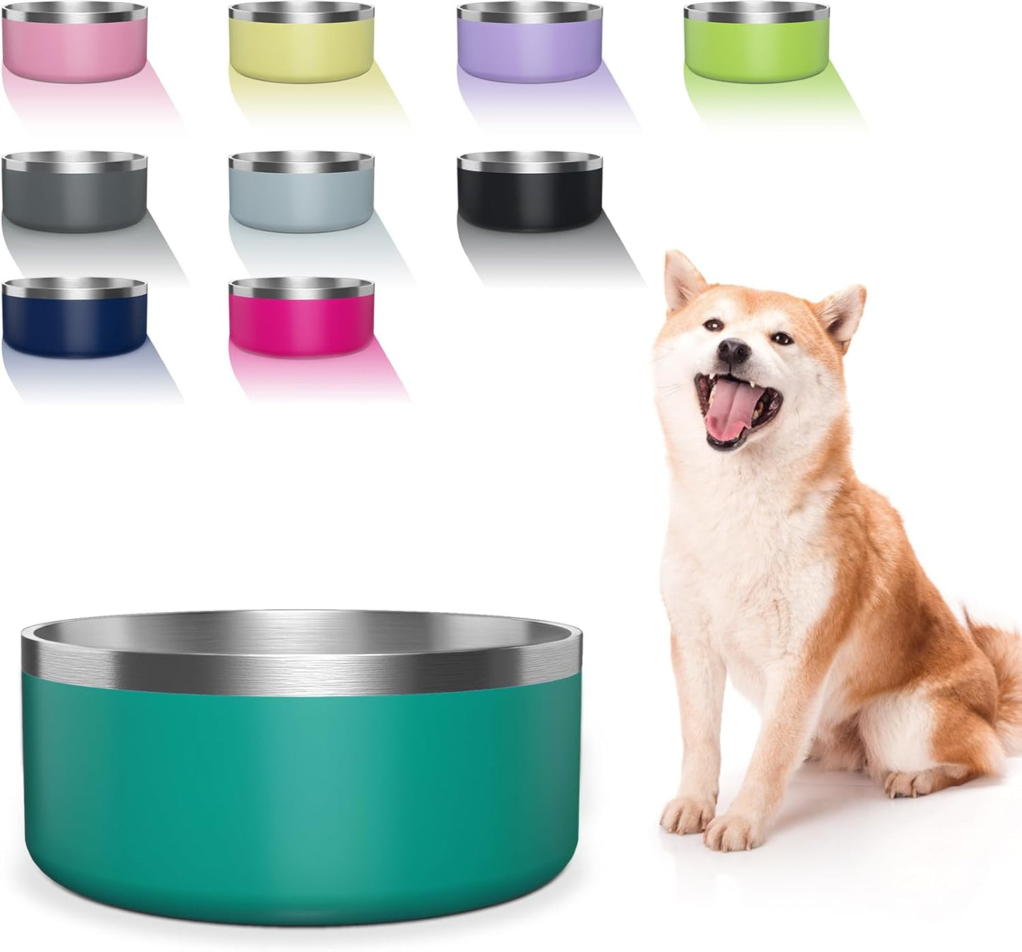 Dog Bowl, Stainless Steel Dog Food and Water Bowl with Non Slip Quiet Bottom, Easy to Clean, Dishwasher Safe, 64oz, Deep Green