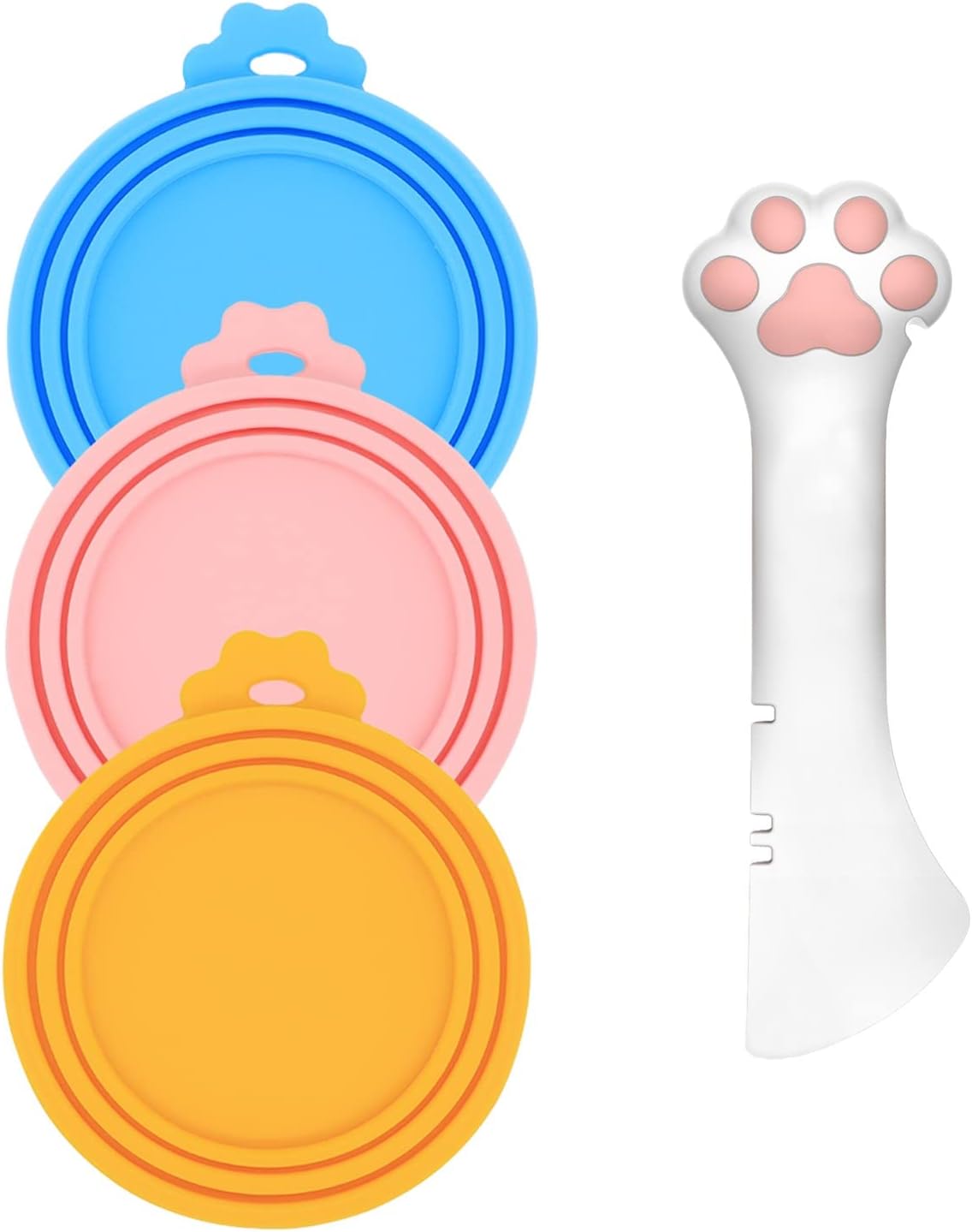Pet Food Can Spoon & 3 Pcs Can Cover Lids | Cute Paw Shape Opener Spatula Cat Wet Food Spoon | Universa BPA Free Silicone Can Lids & Spoon for Dog Cat Cans(multicolor)