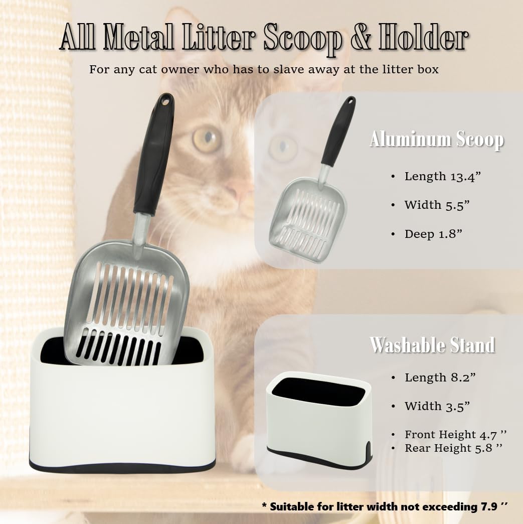 Heavy Duty Cat Litter Scoop with Holder - All Metal Cat Litter Scooper with Holder - Speed Sifter Litter Box Scooper Captures All Clumps - Aluminum Cats Littter Scooper and Caddy