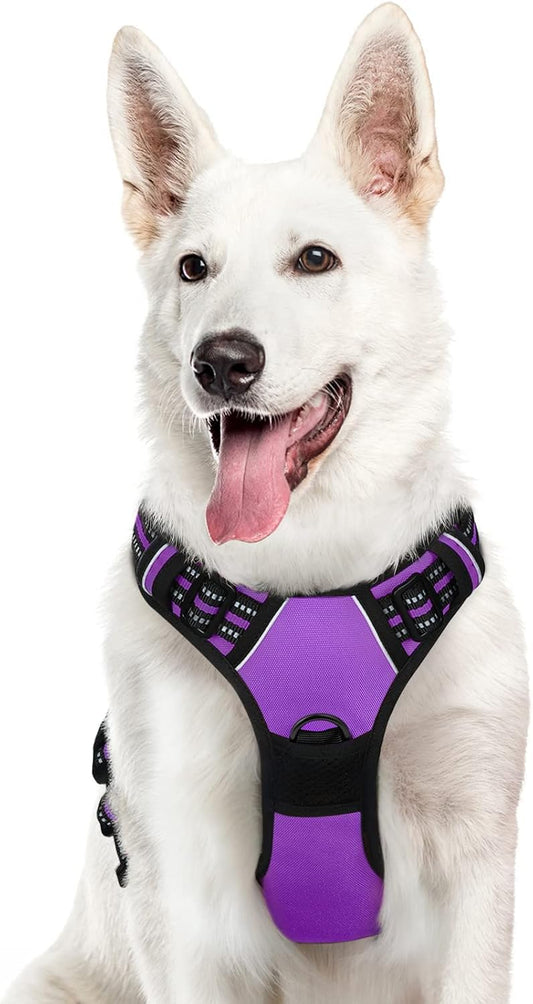 Eagloo Dog Harness for Large Dogs, No Pull Service Vest with Reflective Strips and Control Handle, Adjustable and Comfortable for Walking, No Choke Pet Harness with 2 Metal Rings, Purple, XL
