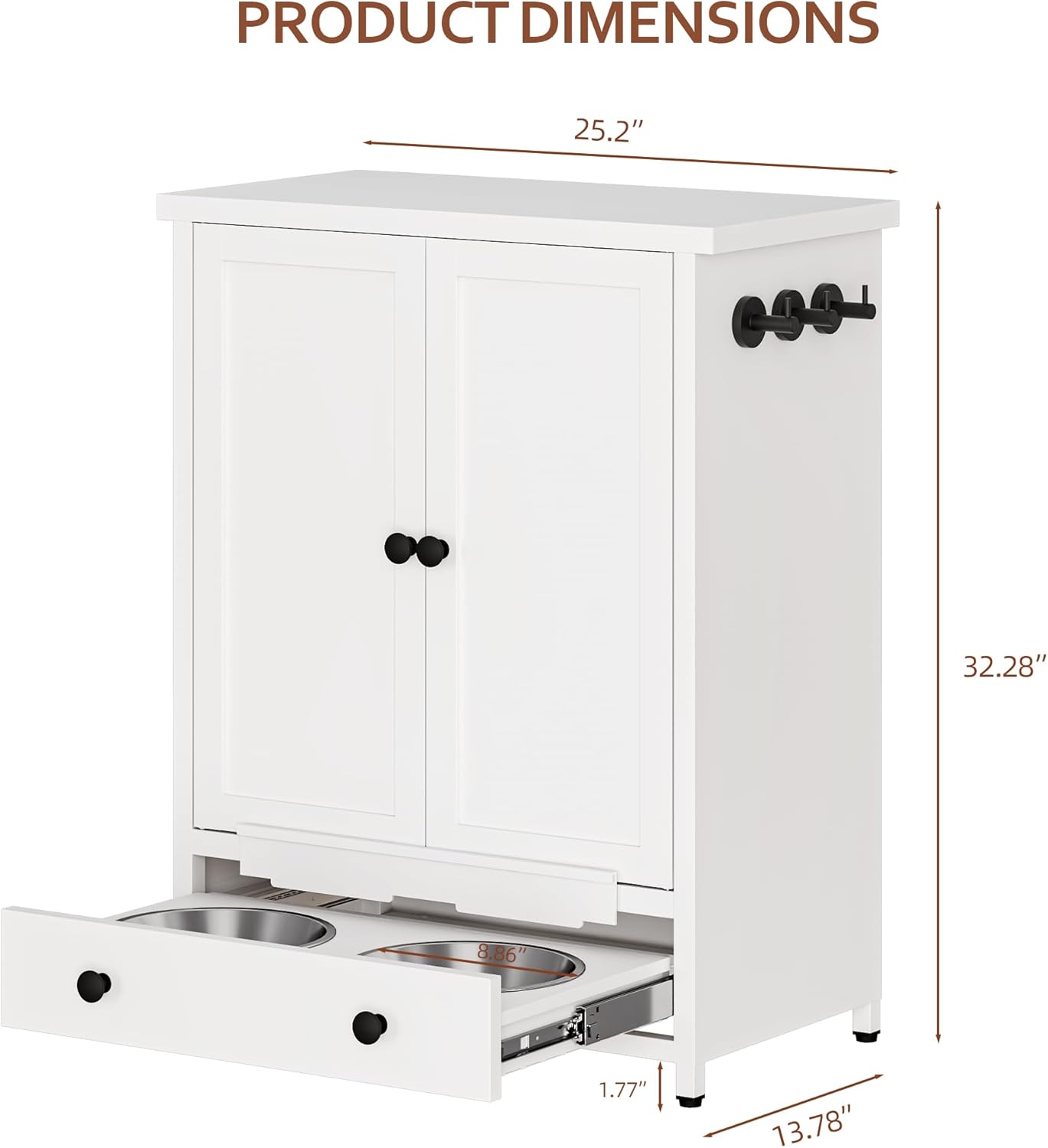 Dog Feeding Station with Storage, Metal Dog Food Storage Cabinet with 2 Elevated Bowls and 3 Hooks, Pet Feeding Station and Dogs Food Storage Organizer, White