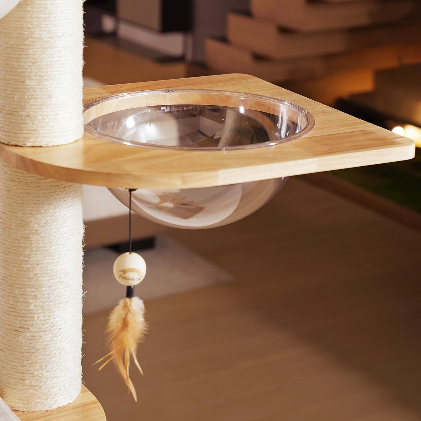 Wood Cat Tree for Indoor Cats, Modern Cat Tower, Unique Cat Condo with House, Tall Luxury Furniture with Heavy Duty Wide Base, Kraft Paper Rope Scratching Post, Removable Cushion (96.5-118.1 inch)
