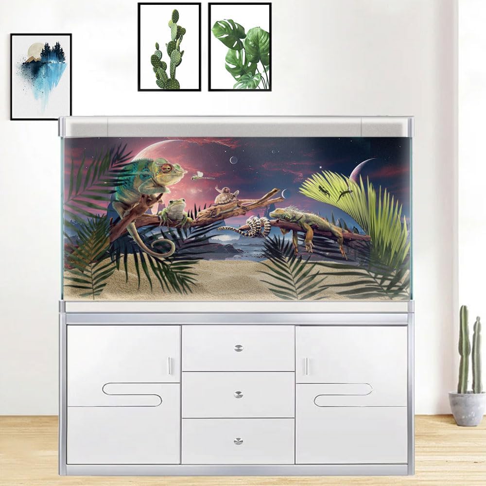 48X20IN Cosmic Spaceterrarium Background, Cool Parallel Space Themed Aquarium Reptile Habitat Background, Red Moon Aquarium Background with 10EVA Double-Sided Tape