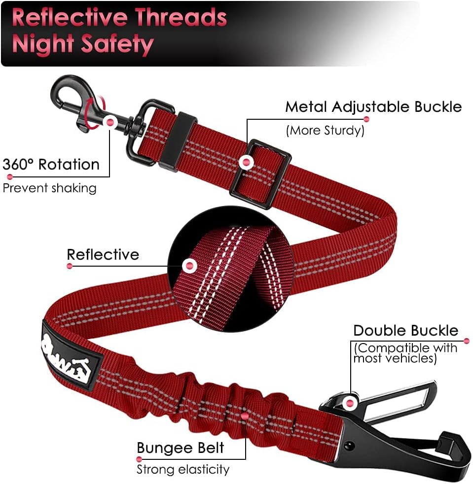 SlowTon Dog Seat Belt, Adjustable Dog Safety Belt Leash, 2 in 1 Latch Bar Attachment Dog Car Seatbelt with Elastic Nylon Bungee Buffer, Reflective Nylon Belt Tether Connect to Dog Harness (Red)