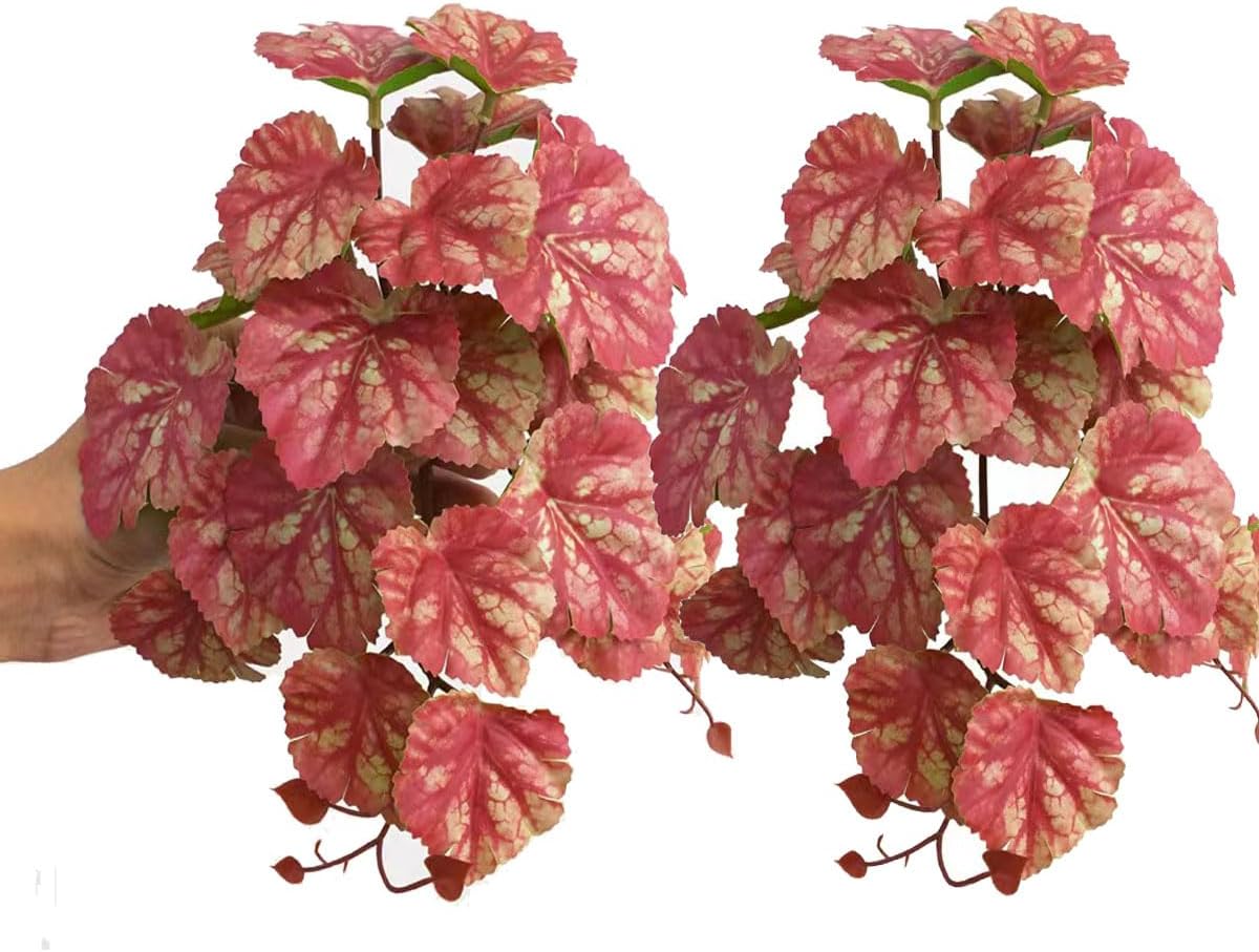 Reptile Plants for Terrarium Decor, Amphibian Habitat Decor, Reptile Tank Accessories, Artificial Hanging Plants with Suction Cup-2 Packs (Pink Heuchera Micrantha)