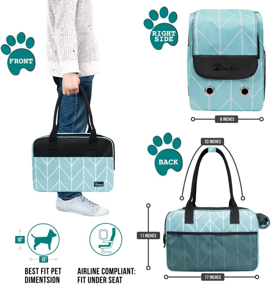 PetAmi Dog Purse Carrier for Small Dogs, Airline Approved Soft Sided Pet Carrier with Pockets, Ventilated Dog Carrying Bag for Puppy Cat, Dog Travel Supplies Bag, Sherpa Bed, Max 12 lbs, Chevron Teal