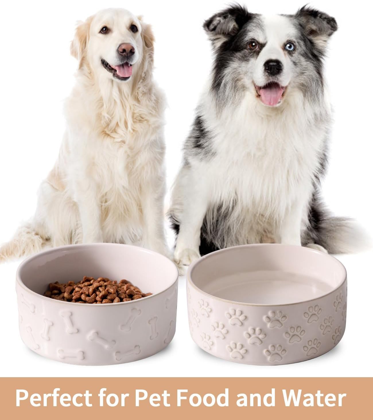 UBEE Ceramic Dog Bowl Set of 2, 6.1 inch Dog Food Bowl Dish with Bone Paw Pattern, Pet Food Water Dish Feeding for Small and Meidum Dogs and Large Cat, White