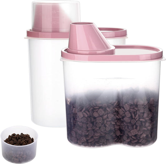 GreenJoy 2 Pack 2lb/2.5L Pet Food Storage Container with Measuring Cup, Can Covers and Bowl for Small Dog, Cat, Waterproof-BPA Free (Pink 1.8L)