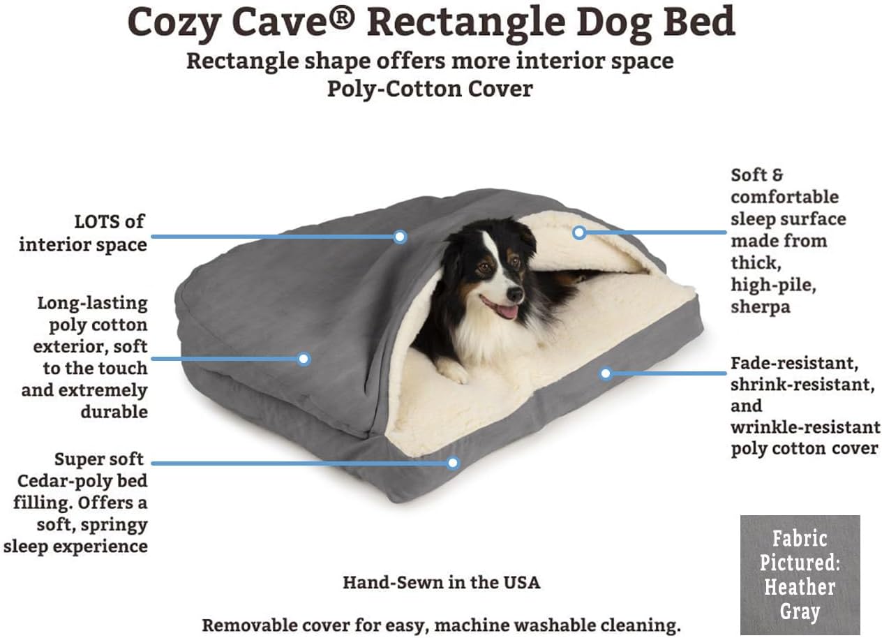 Snoozer Rectangle Cozy Cave Dog Bed - Indoor Dog Bed with Cover Cave, Covered Calming Burrow for Small & Medium Sized Pets with Blanket Attached, Enclosed, Washable - Medium, Heather Gray