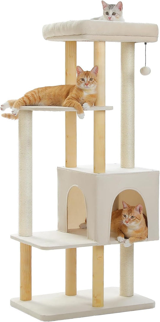 PAWZ Road Large Cat Tree, 53 Inches Modern Wooden Cat Tower for Indoor Large Cats, Multi-Level Cat Condos with Long Scratching Posts and Natural Wood Posts-Beige