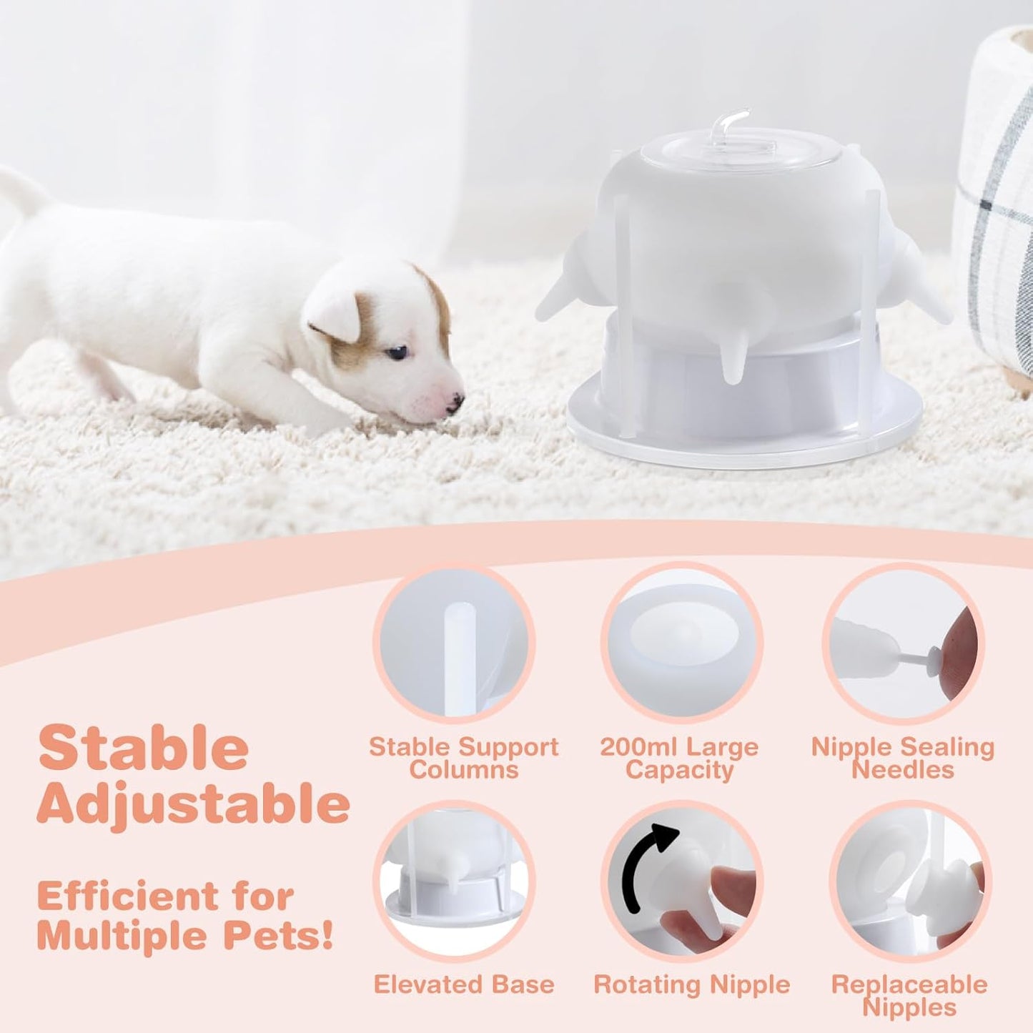 Nursing Nipple for Kittens, Nursing Nipple with 4 Adjustable Detachable Nipples – Perfect Replacement for Nursing Bottles, Puppy Feeder for Newborn Kittens & Puppies, 200ml Capacity(White)