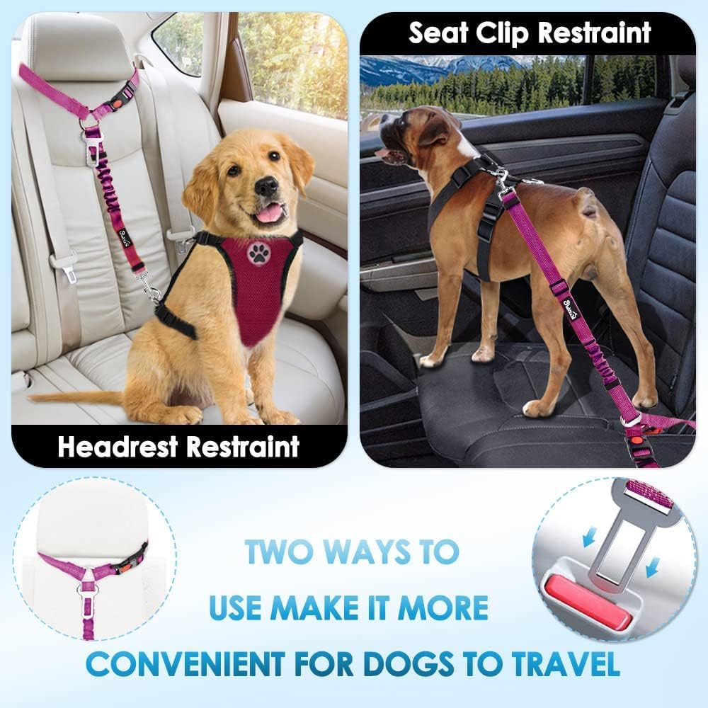 SlowTon Dog Seat Belt, 2 Pack Harness Seatbelt Adjustable With Elastic Bungee Buffer, 2 in 1 Pet Car Leash Headrest Restraint Reflective Safety Tether (Fushia, Dual Restraint)