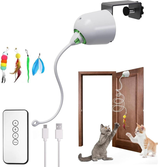 Cat Toys Interactive for Indoor, Cats Toy Hanging Door Electric for Bored, Feather Toy Kitten Rechargeable Door Hanging Automatic String with 4pcs Feather Toys, White