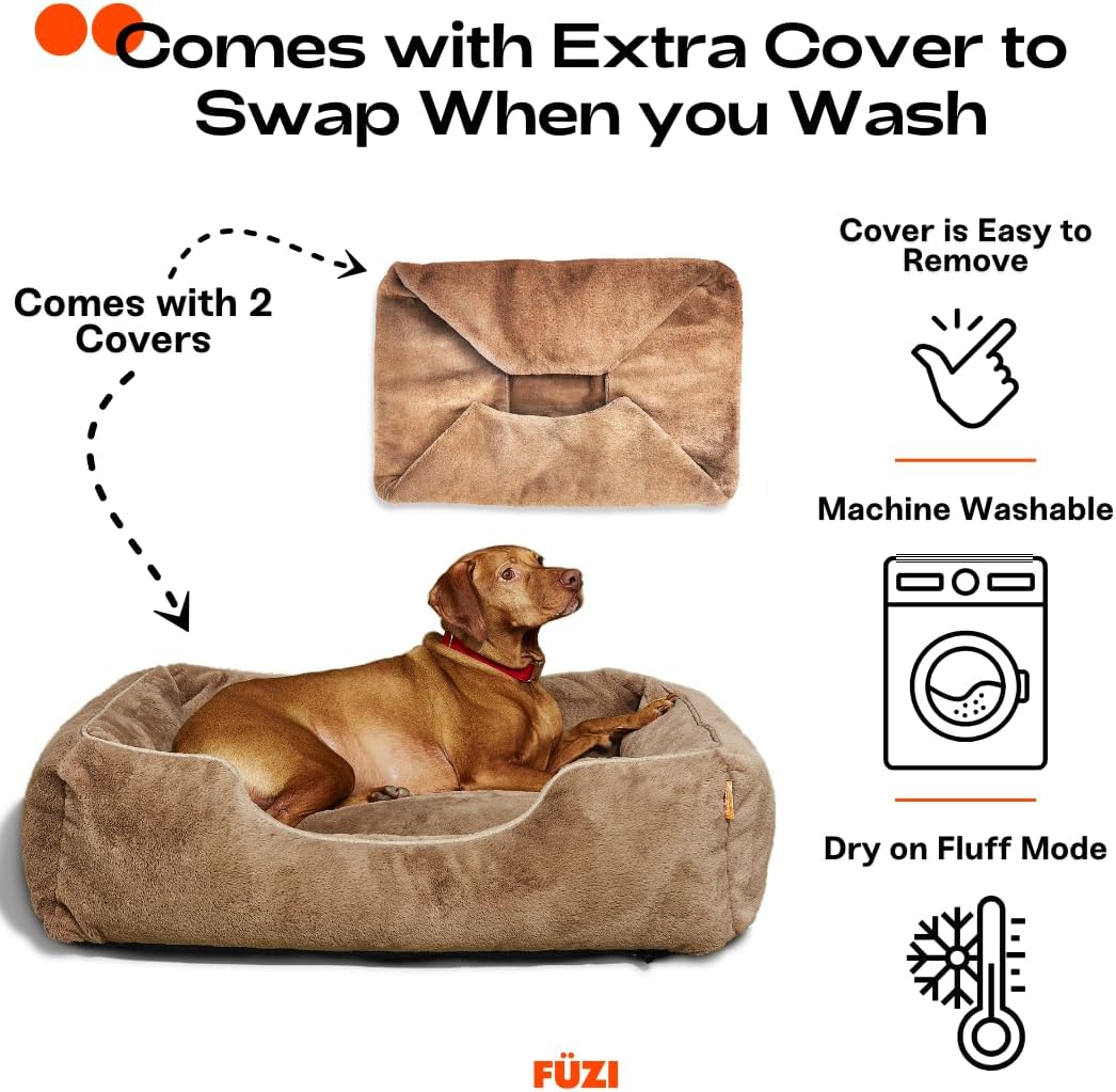 FUZI Luxury Aesthetic Dog Bed with Extra Cover for Large Dogs, Washable Pet Couch, Pet Bed with Sides, Non-Slip Bottom, Soft & Durable Calming Dog Bed, Faux Rabbit Fur, Large 35.6x28.5x9.5 Light Brown