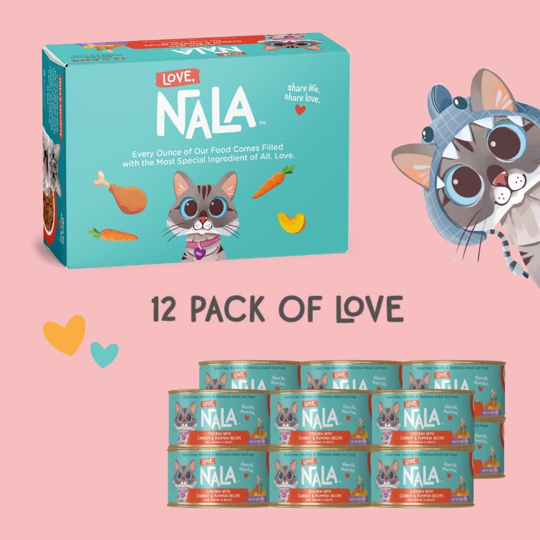 LOVE, NALA - Natural Adult Cat Wet Food - Pate Chicken with Carrot & Pumpkin Recipe- Grain Free, Non-GMO, Lean Protein, Digestive Fiber Blend, Added Minerals & Vitamins - 12 Pack 2.4 lbs.