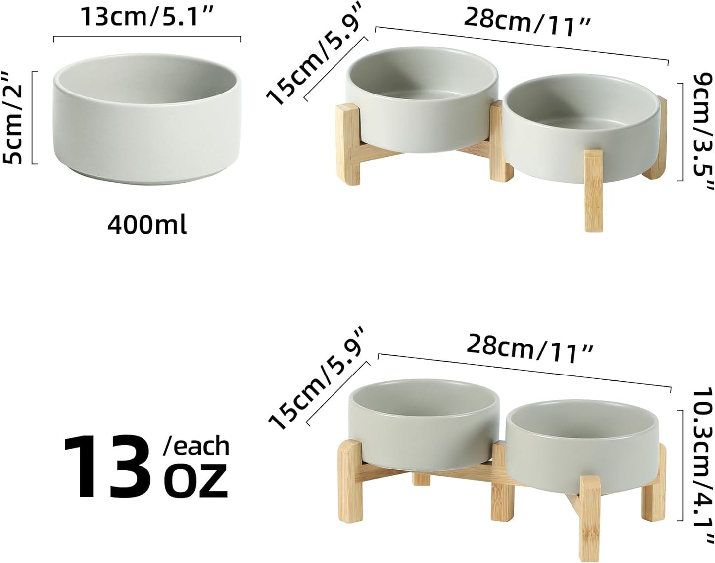 Ceramic Raised Double Bowls Set with Stand, 2 Heights Elevated, Food & Water Bowls for Small Breed Dogs, Cats, Kitty, Weighted Dog Dishes, Pet Bowls(5.1'',13.5oz, Grey)