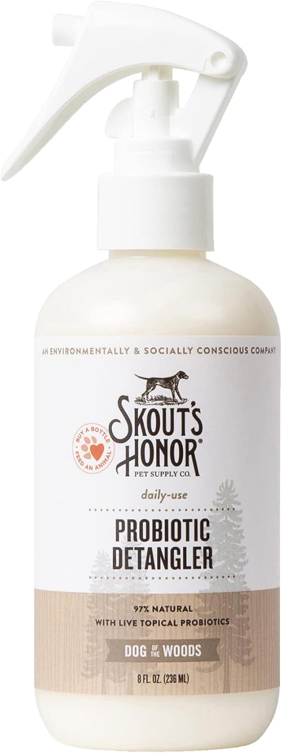 Skout's Honor Pet Detangler Spray - Hydrating & Conditioning with Avocado Oil & Probiotics, 97% Natural, Paraben & Sulfate-Free, softens for a More brushable Coat, Daily Use, 8oz, Dog of The Woods