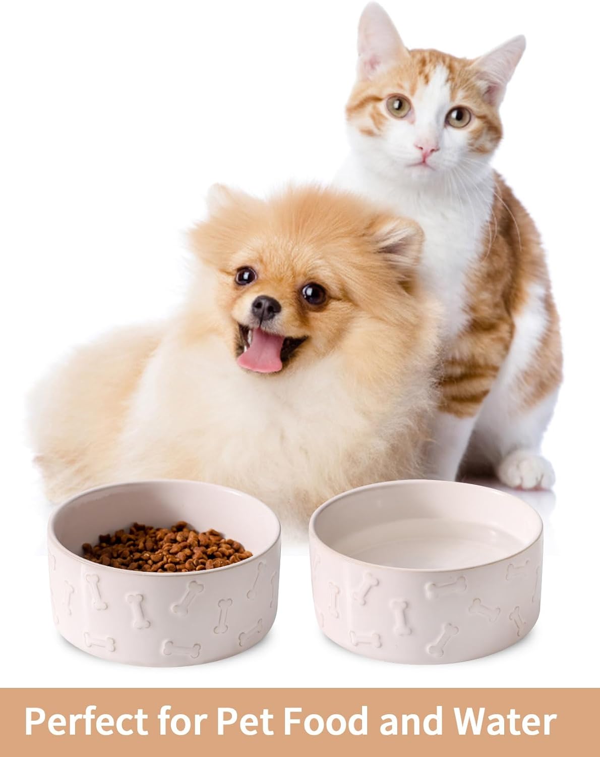 UBEE Ceramic Dog Bowl Set of 2, 5.1 inch Dog Food Bowl with Bone Pattern, Pet Food Water Dish Feeding for Small Dogs and Large Cat, White