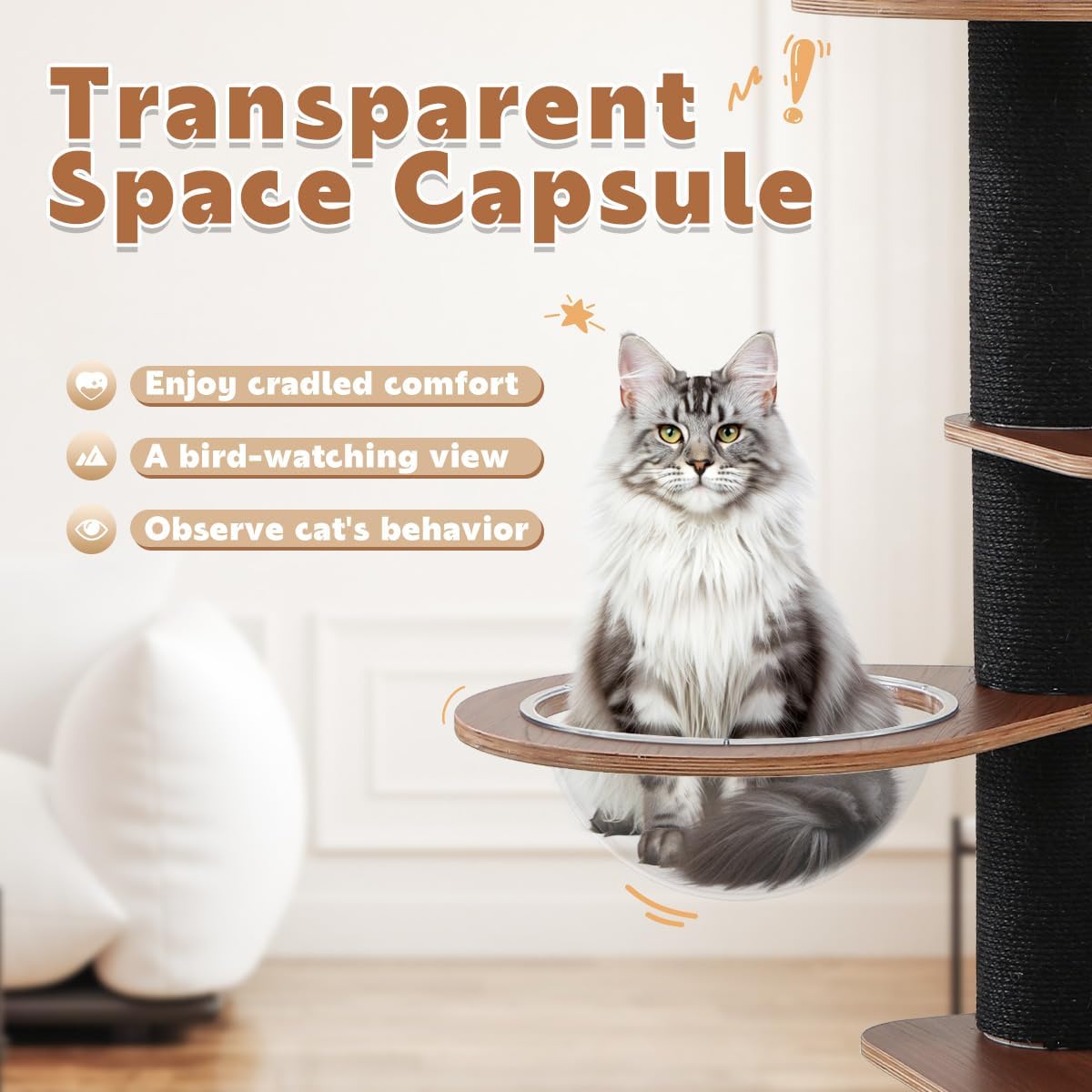 70.9'' Black Cat Tree for Indoor Cats Large Adult, Heavy Duty Cat Tower with Scratching Post, Modern Kitty Tree with Removable Mats, Semi-closed Condo and Transparent Bowl, Wooden Luxury Cat Furniture