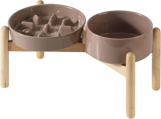 Ceramic Raised Slow Feeder Dog Bowl Set, Elevated 6.1inch Bowl and 7.3inch Slow Pet Food Dish with Wooden Stand for Small and Medium Dog (2 x Brown Coffee+ Stand)