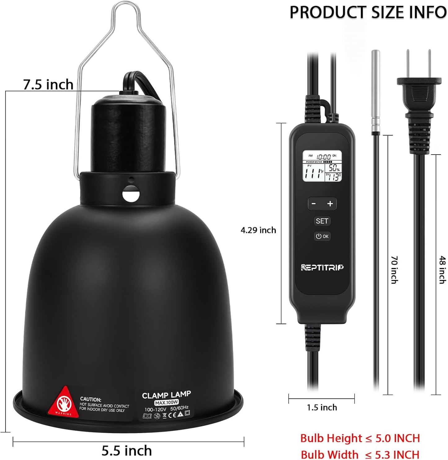 5.5 Inch Day-Night Thermostatic Reptile Heat Light Fixture - Heat Lamp Temperature Controller for Bearded Dragons, Snakes & Lizard – Bulb Not Included (Max 100W)