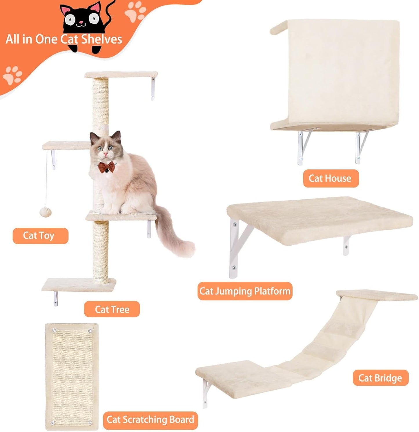 Modern Wall-Mounted Cat Furniture - 5pcs Cat Wall Shelves, Wooden Climber Includes House, Bridge, Tree, Steps, and Scratcher