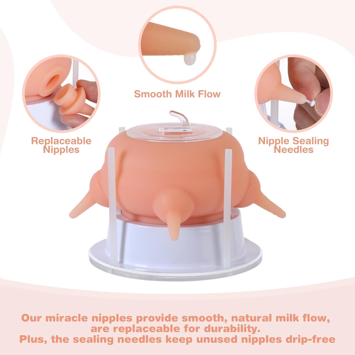 Nursing Nipple Puppy Feeders for Multiple Puppies, 200ml Food-Grade Silicone with 4 Adjustable Detachable Nipples, Smooth Flow Nipple for Kitten Bottle Feeding Kit(Pink)