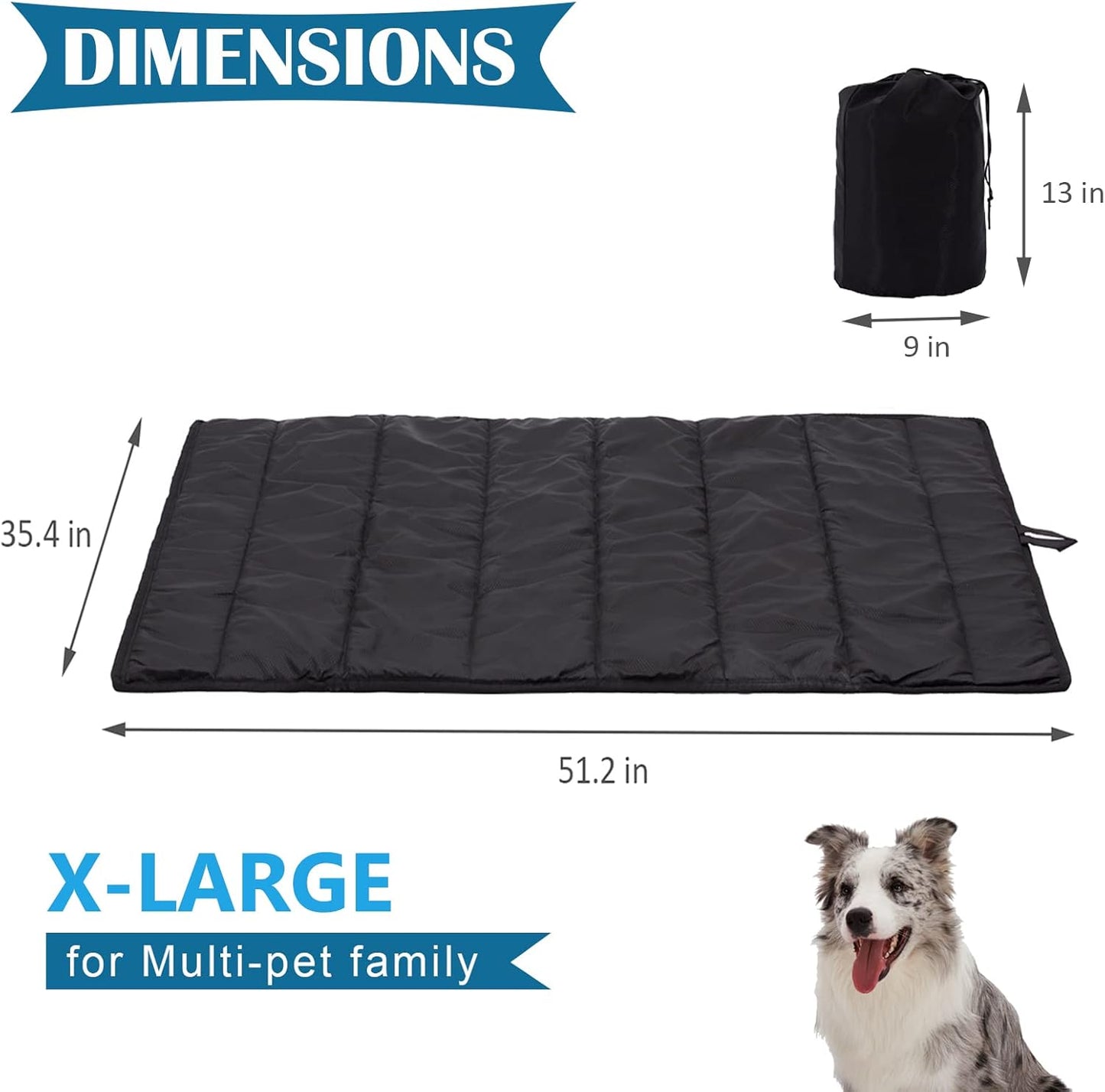 BDEUS 51x35In Extra Large Size Outdoor Dog Bed, Waterproof & Portable Camping Travel Pet Mat, Easy to Clean, Washable Odor Resistant Pet Cooling Pad (Black)