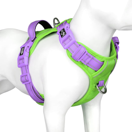 PHOEPET No Pull Dog Harness, Unique Colors Reflective Adjustable Dog Vest, with Soft Training Handle Metal Clips for Small Medium Large Dogs (Green Base & Purple Straps,S)