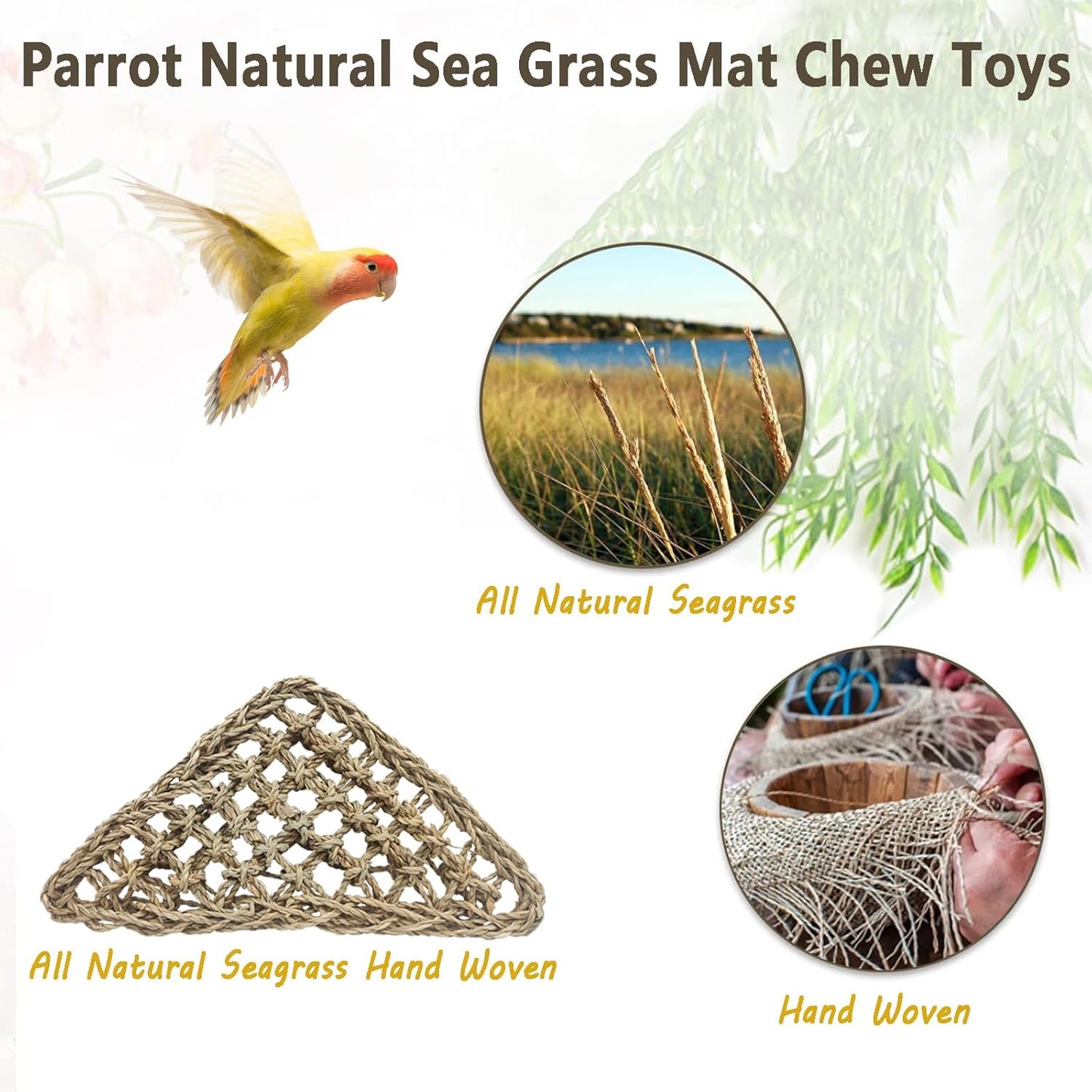 BNOSDM Bird Seagrass Mat, 3 PCS 7.1 x 7.1 Inches Parrot Natural Seagrass Woven Bird Net Hammock Mats Chew Toys Bird Hideout Cage Accessories for Lovebird Cockatiel Conure Budgie Hamster Rats