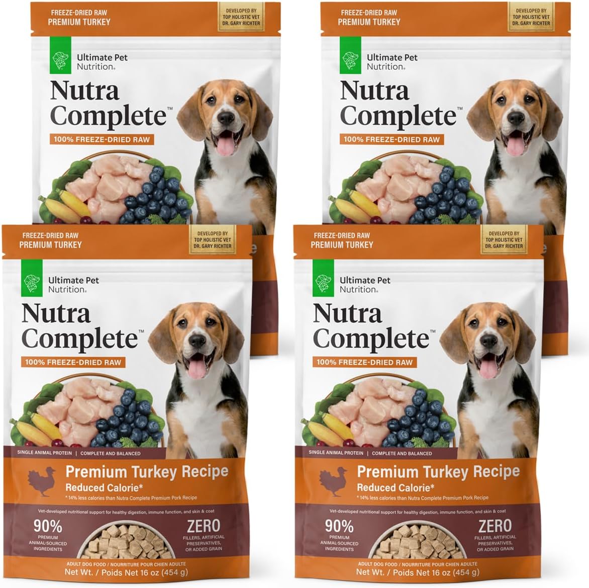 ULTIMATE PET NUTRITION Nutra Complete, 100% Freeze Dried Veterinarian Formulated Raw Dog Food with Antioxidants Prebiotics and Amino Acids, (1 Pound (Pack of 4), Turkey)