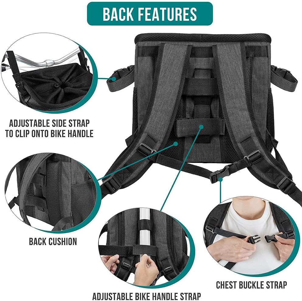 PetAmi Dog Bike Basket, Soft-Sided Ventilated Dog Bike Carrier Backpack, Pet Bicycle Basket for Bike Handlebar, Small Medium Puppy Cat Kitten Car Booster Seat with Safety Strap, Max 18 lbs, Dark Gray