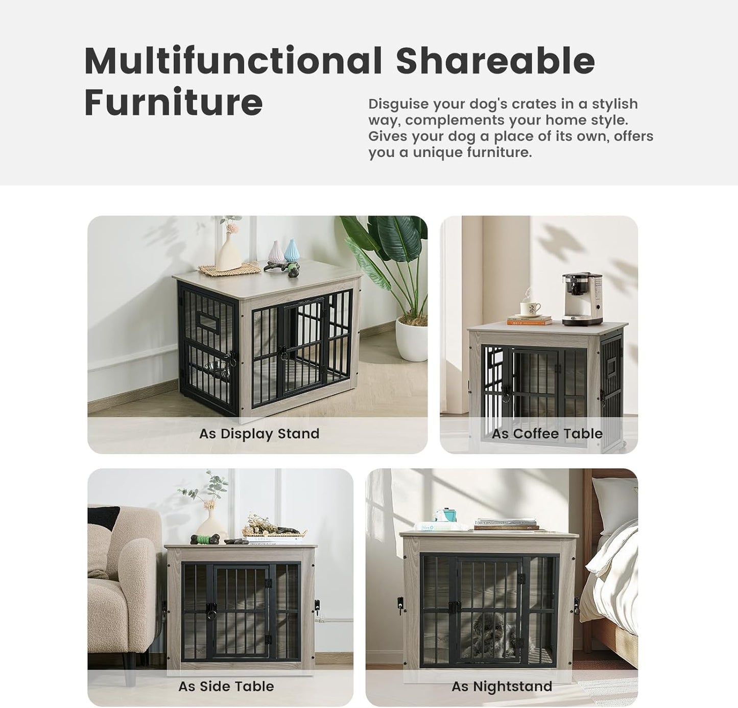 Gardner Pet Dog Crate Furniture for Medium Dogs, 38.8 Inch Dog Kennel Indoor, Wooden Dog Cage End Table with 2 Removable Bowls, Heavy Duty Dog Crate, Rustic Grey