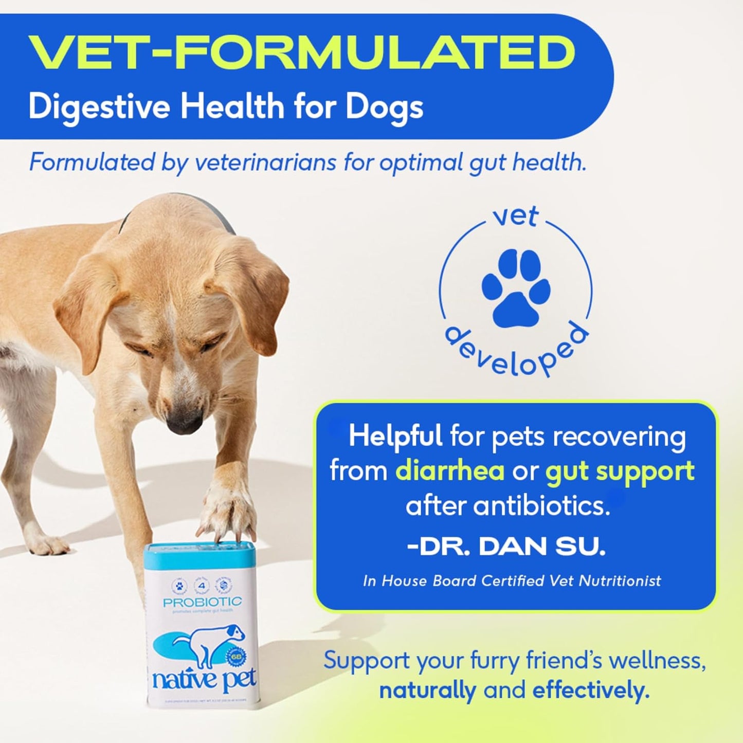 Native Pet Probiotics for Dogs - Dog Probiotics Powder for Digestive Health, Gut Support, & Immune Boost – Vet-Formulated Powder for Maximum Potency with Digestive Enzymes & Prebiotics - 60 Scoops