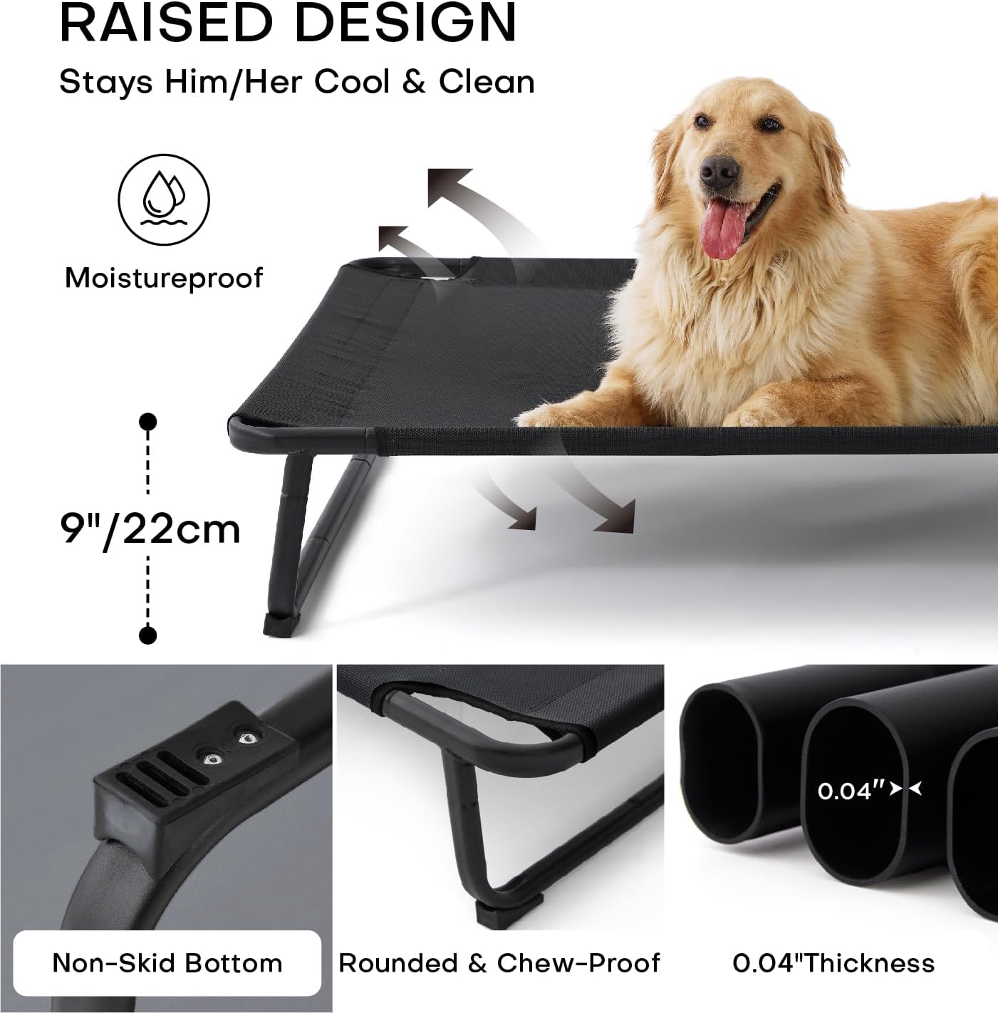 Made4Pets Elevated Outdoor Dog Bed for Extral Large Dogs – Heavy-Duty Raised Cot with Breathable Cooling Mesh, No-Slip Feet, Chew-Resistant Frame, Indoor & Outdoor Pet Hammock, 49"x32", Black