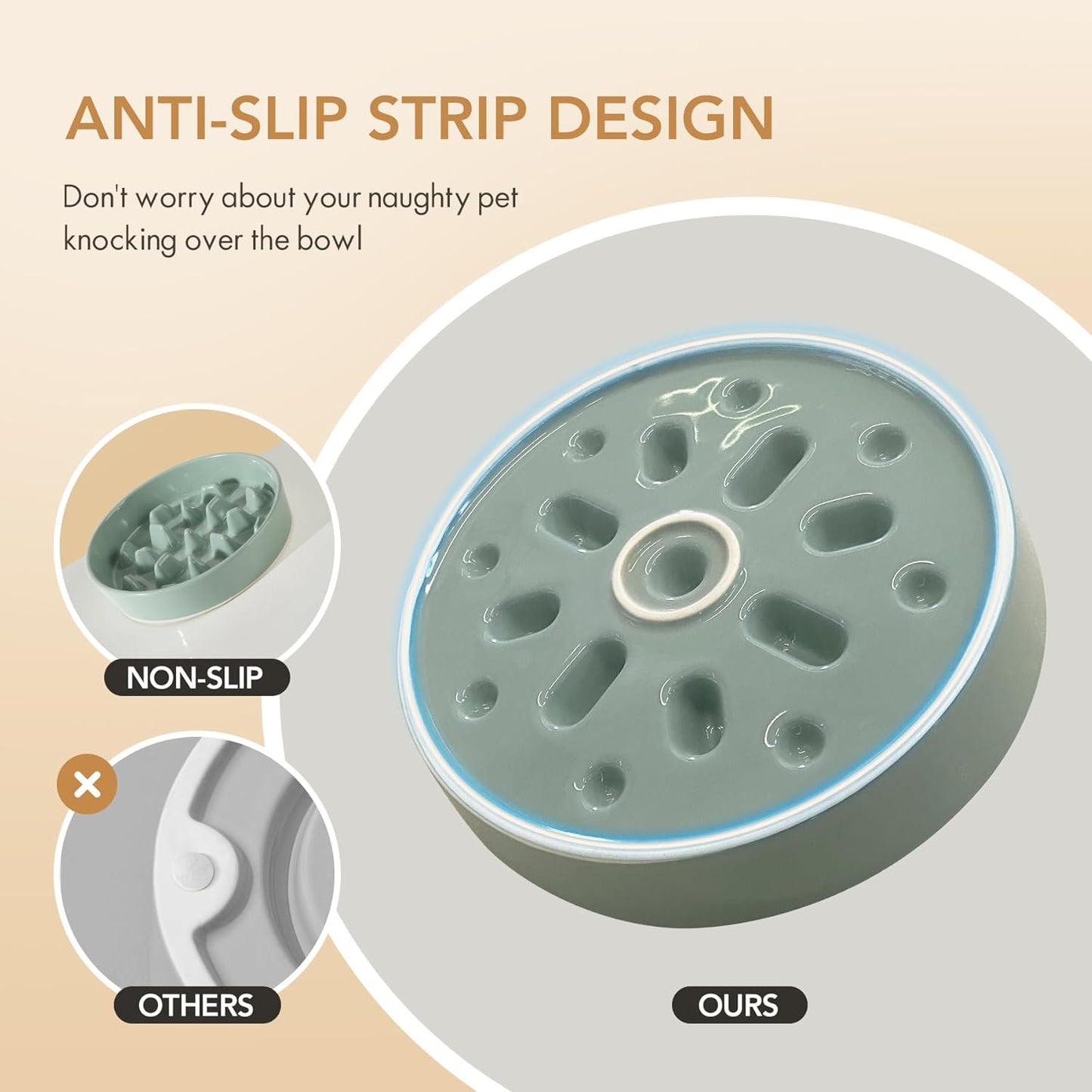 Ceramic Raised Slow Feeder Dog Bowl Set, Elevated 8.2inch Bowl and 9.5inch Slow Pet Food Dish with Wooden Stand for Large Dog (2 x Light Green+ Stand)