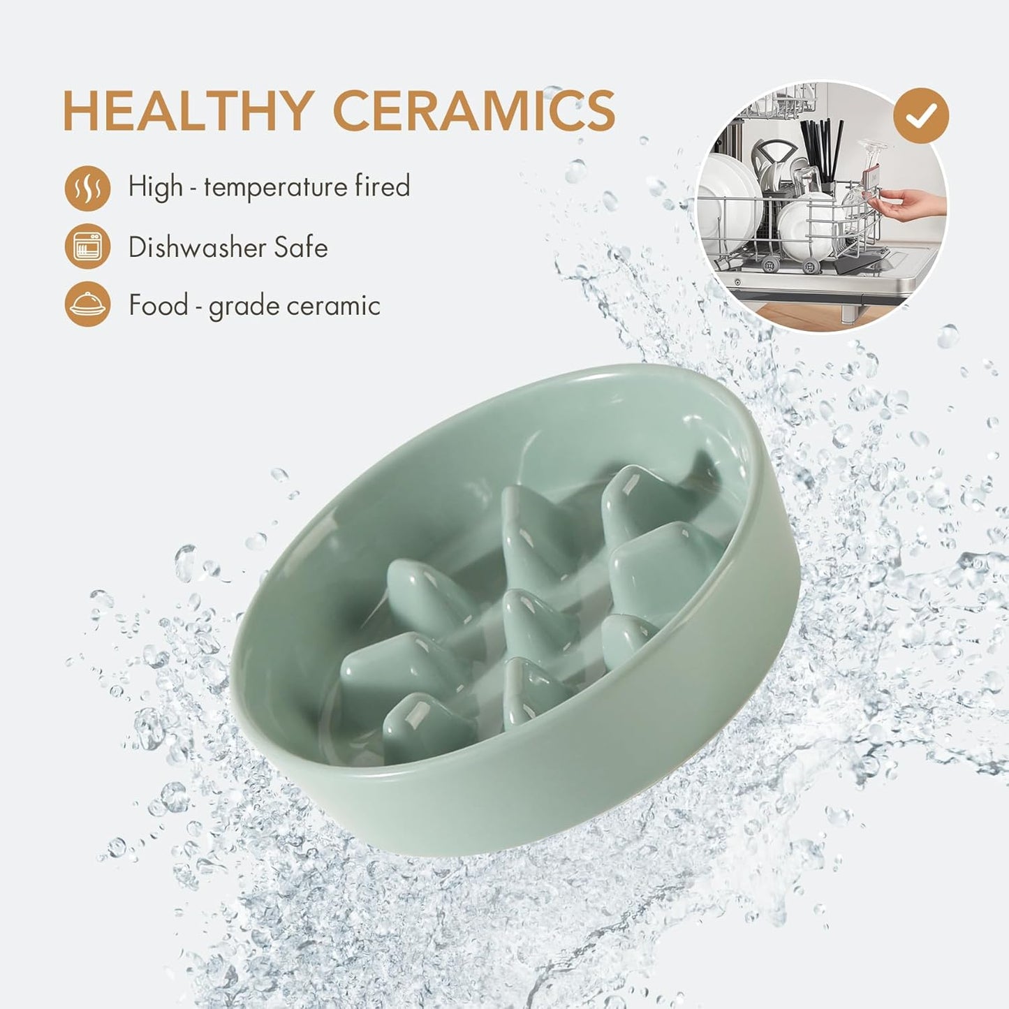 7.3inch Ceramic Dog Raised Slow Feeder Set, Elevated Bowl with Wooden Stand for Medium and Small Dog, Slow Feeder Dish for Fast Easters(Light Green, Single Bowl+ Stand)