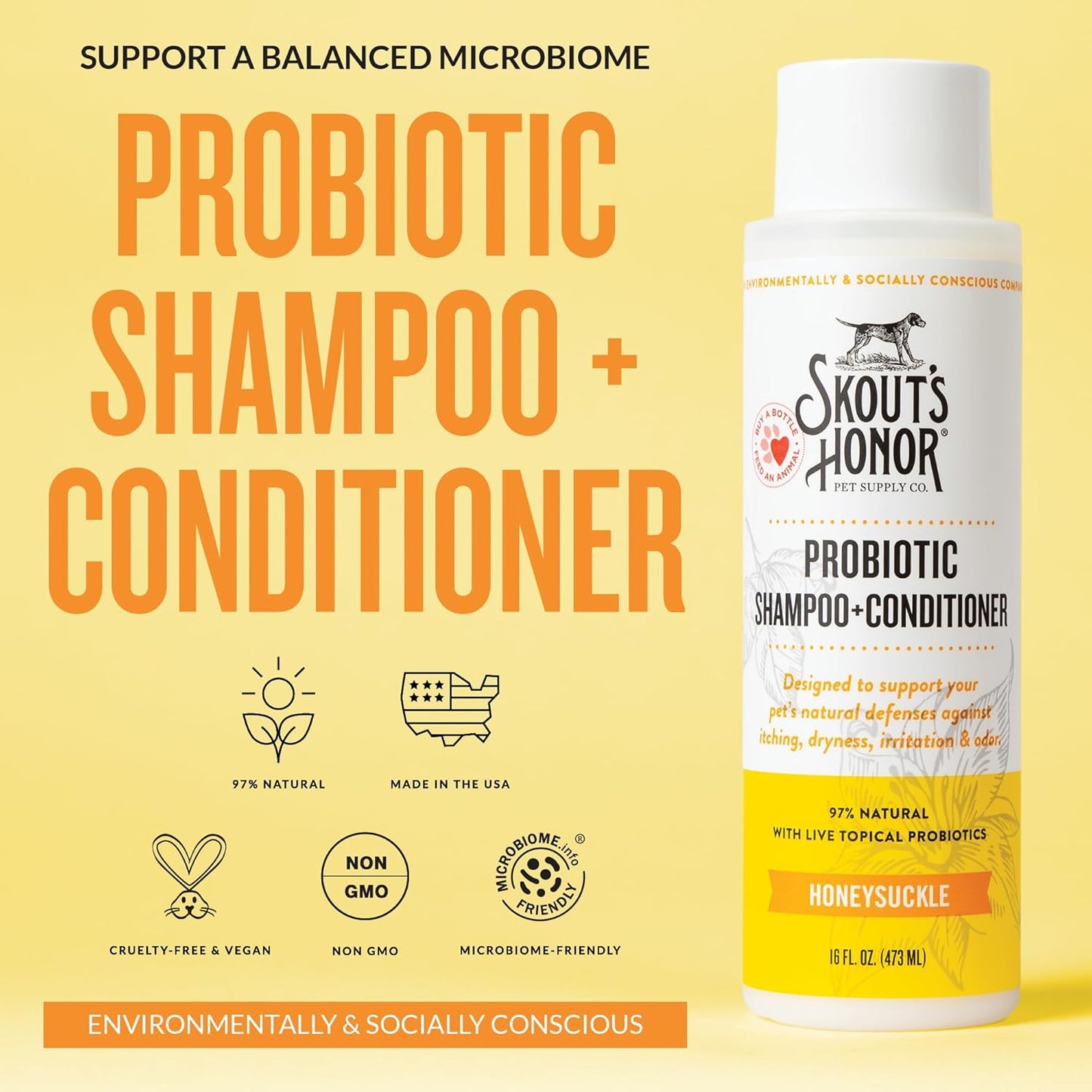 Skout's Honor Probiotic Dog Shampoo & Conditioner with Avocado Oil & Omega-3s, 97% Natural, Paraben & Sulfate-Free, Cruelty-Free, 16oz, Honeysuckle 2-Pack