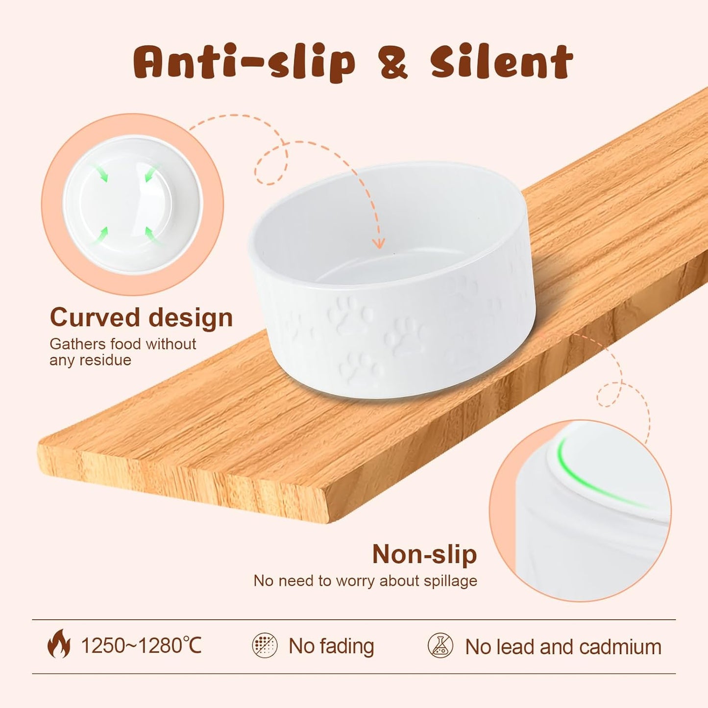 SPUNKYJUNKY Ceramic Elevated Dog Bowl Set with Acacia Wood Stand for Food and Water for Cats and Small Dogs (13.52 OZ, White, Dog Paw Pattern)