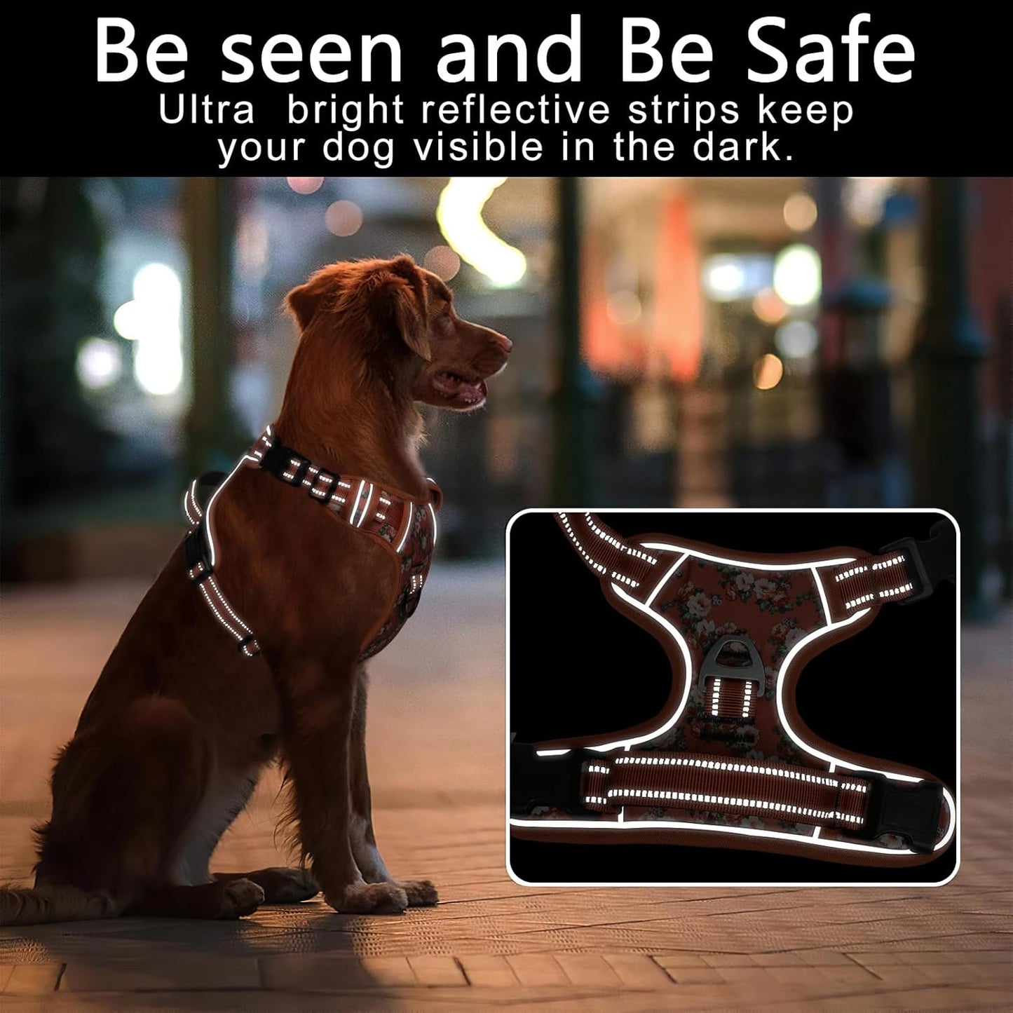 Timos Dog Harness for Large Dogs, No Pull Service Vest with Reflective Strips and Control Handle,No Choke Dog Harness with 2 Metal Rings for Easy Walking,Outdoor Training,Flower Orange, L