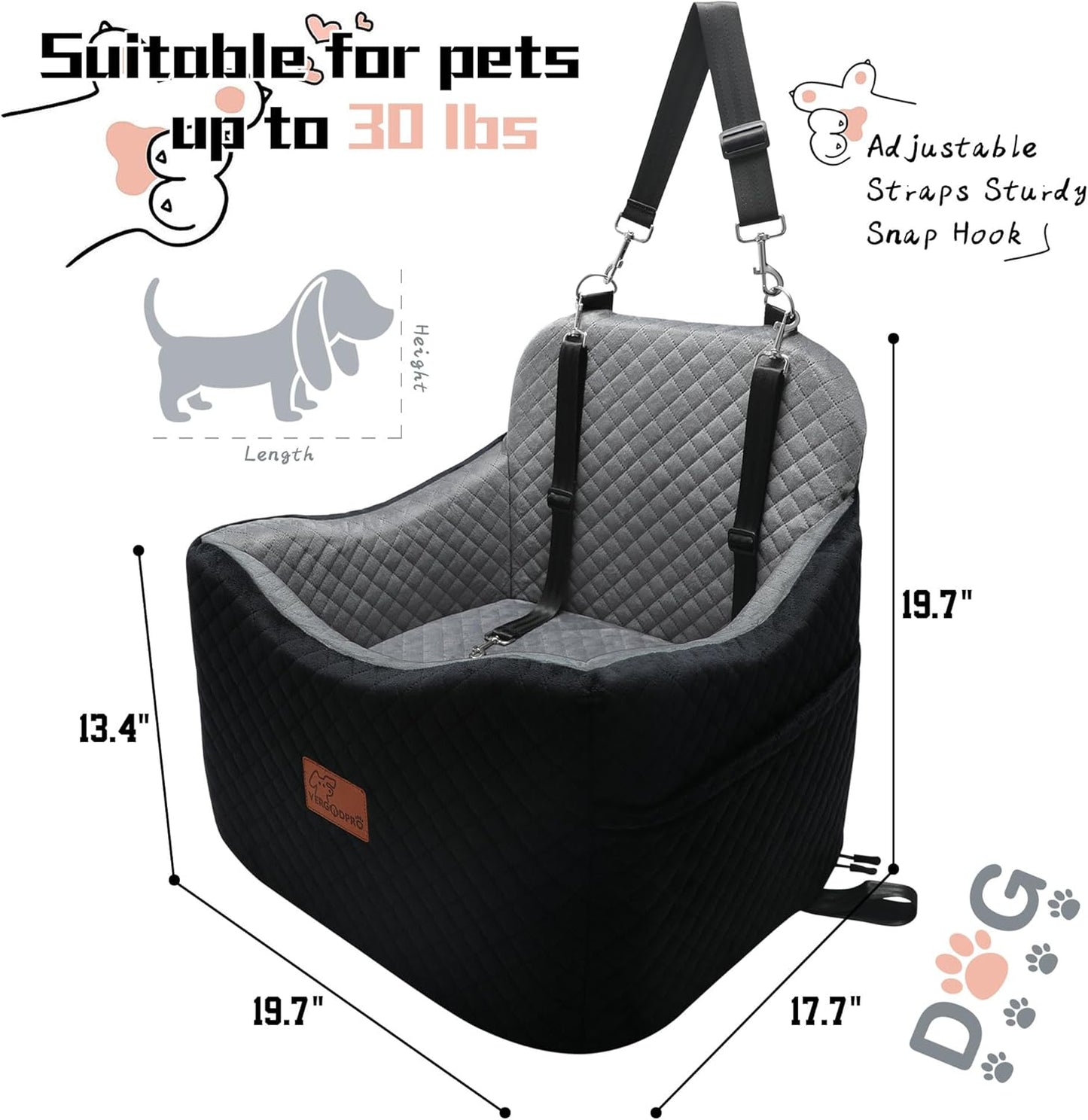 Dog Car Seat for Small Medium Dogs-Safety and Comfy Pet Booster Carseats with 2 Clip-On Satebelt & Storage Pockets,Washable and Detachable Puppy Car Seat for Dogs up to 30 lbs.(H-Black/Grey)