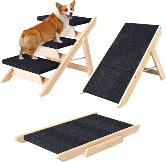 Dog Stairs/Ramp for Bed, Wooden Convertible Pet Steps, Portable Dog Ladder Up to 180 Pound for Elderly/Short-Legged Dogs, 3 Steps for Beds, Couch, Cars