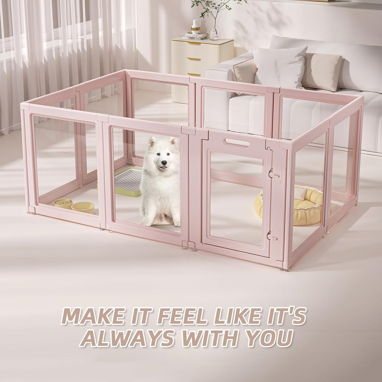 DIY Clear Acrylic Dog Playpen House,Quick Easy Assembly and Disassembly,Strong Floor Suction,Indoor and Outdoor Use,Easy Cleansing Puppy Fence (Skin Pink, 30.3" H, 8PCS)